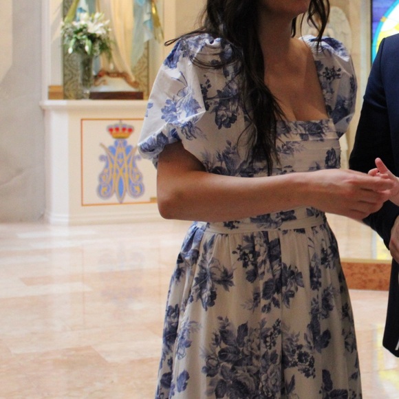 Blue Floral Puff-Sleeve Midi Dress - Picture 3 of 3